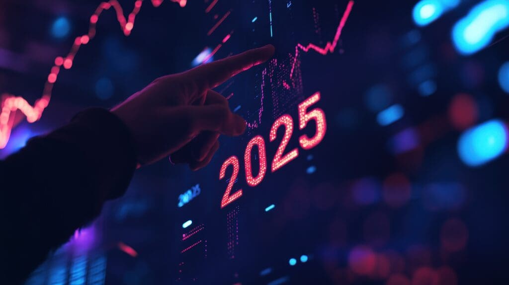 Hand pointing at digital financial data with market trends, stock prices, and projections for 2025 on a futuristic display. Analysis, investment, and growth strategy. Hand pointing at digital financial data with market trends, stock prices, and projections for 2025 on a futuristic display. Analysis, investment, and growth strategy.