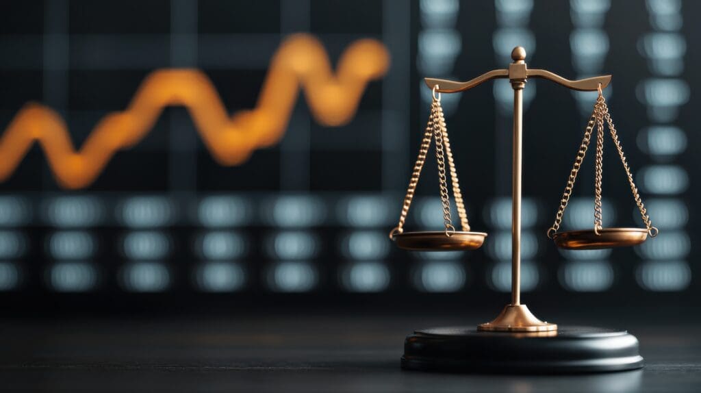 Conceptual image depicting the scales of justice with a gavel overlaid on a financial graph symbolizing the balance and fairness required in legal and business decisions such as investments trading