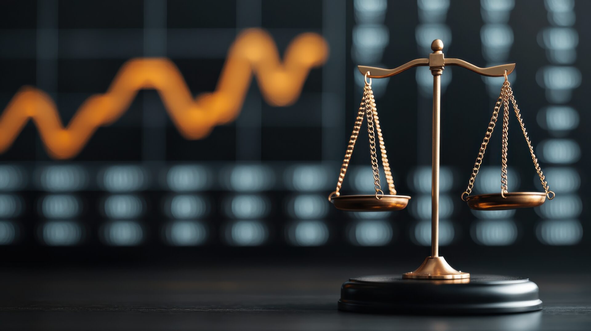 Conceptual image depicting the scales of justice with a gavel overlaid on a financial graph symbolizing the balance and fairness required in legal and business decisions such as investments trading Conceptual image depicting the scales of justice with a gavel overlaid on a financial graph symbolizing the balance and fairness required in legal and business decisions such as investments trading