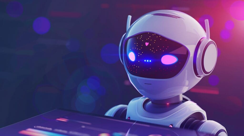 Futuristic robot with glowing blue eyes interacts with a digital interface.