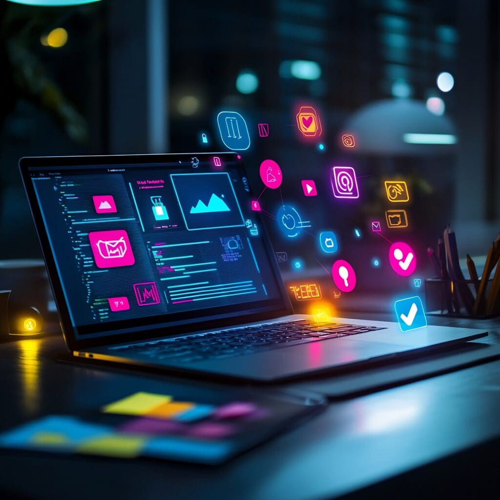 Modern and minimalist workspace featuring a laptop displaying digital marketing analytics surrounded by vibrant social media icons sleek tools Modern and minimalist workspace featuring a laptop displaying digital marketing analytics surrounded by vibrant social media icons sleek tools