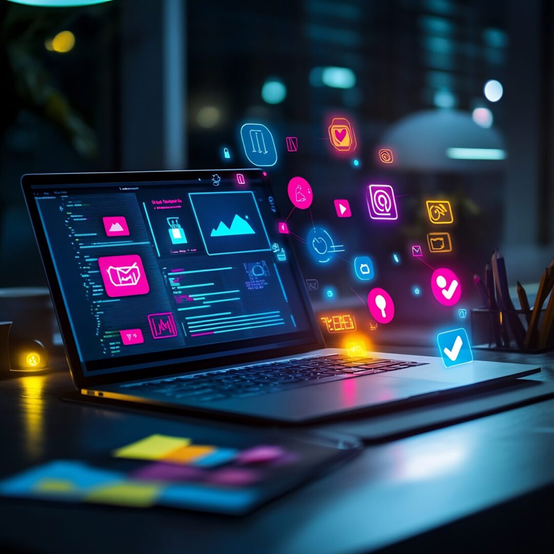 Modern and minimalist workspace featuring a laptop displaying digital marketing analytics surrounded by vibrant social media icons sleek tools Modern and minimalist workspace featuring a laptop displaying digital marketing analytics surrounded by vibrant social media icons sleek tools