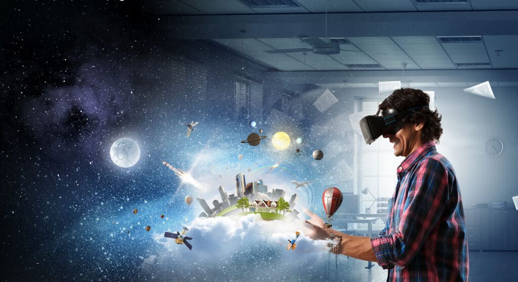 Man in virtual helmet . Mixed media Young excited man in helmet experiencing virtual reality