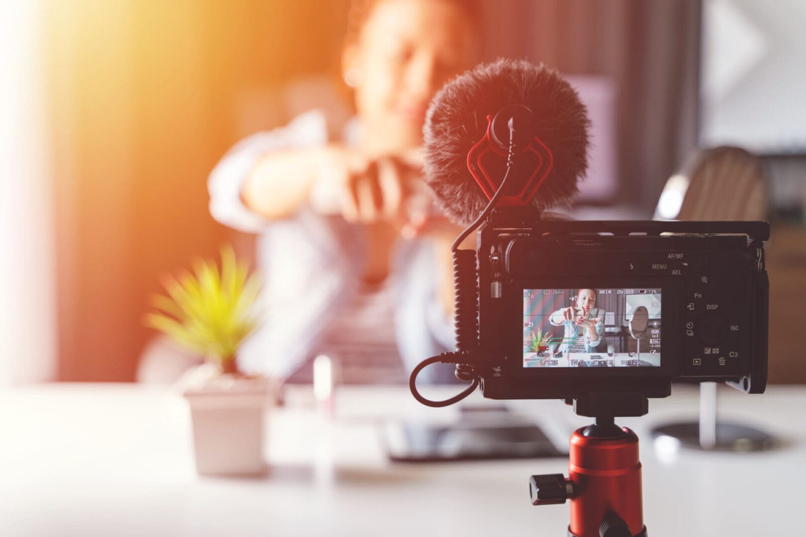 Person recording a video with a camera and microphone.