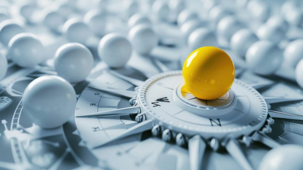 Yellow guiding sphere navigating a group of white spheres along a compass design, highlighting movement and direction Yellow guiding sphere navigating a group of white spheres along a compass design, highlighting movement and direction