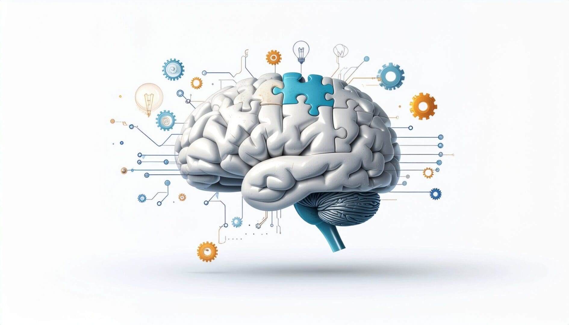 Conceptual illustration of a human brain with a missing puzzle piece, representing ideas and thought processes.