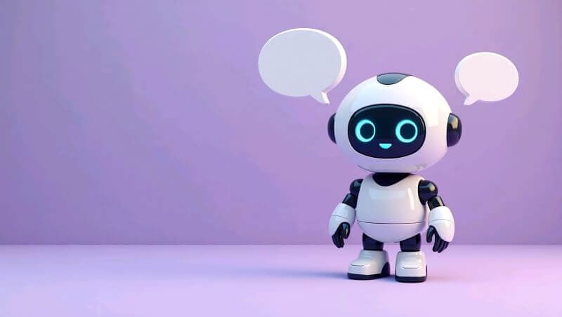 Cute robot with speech bubble on a purple background.